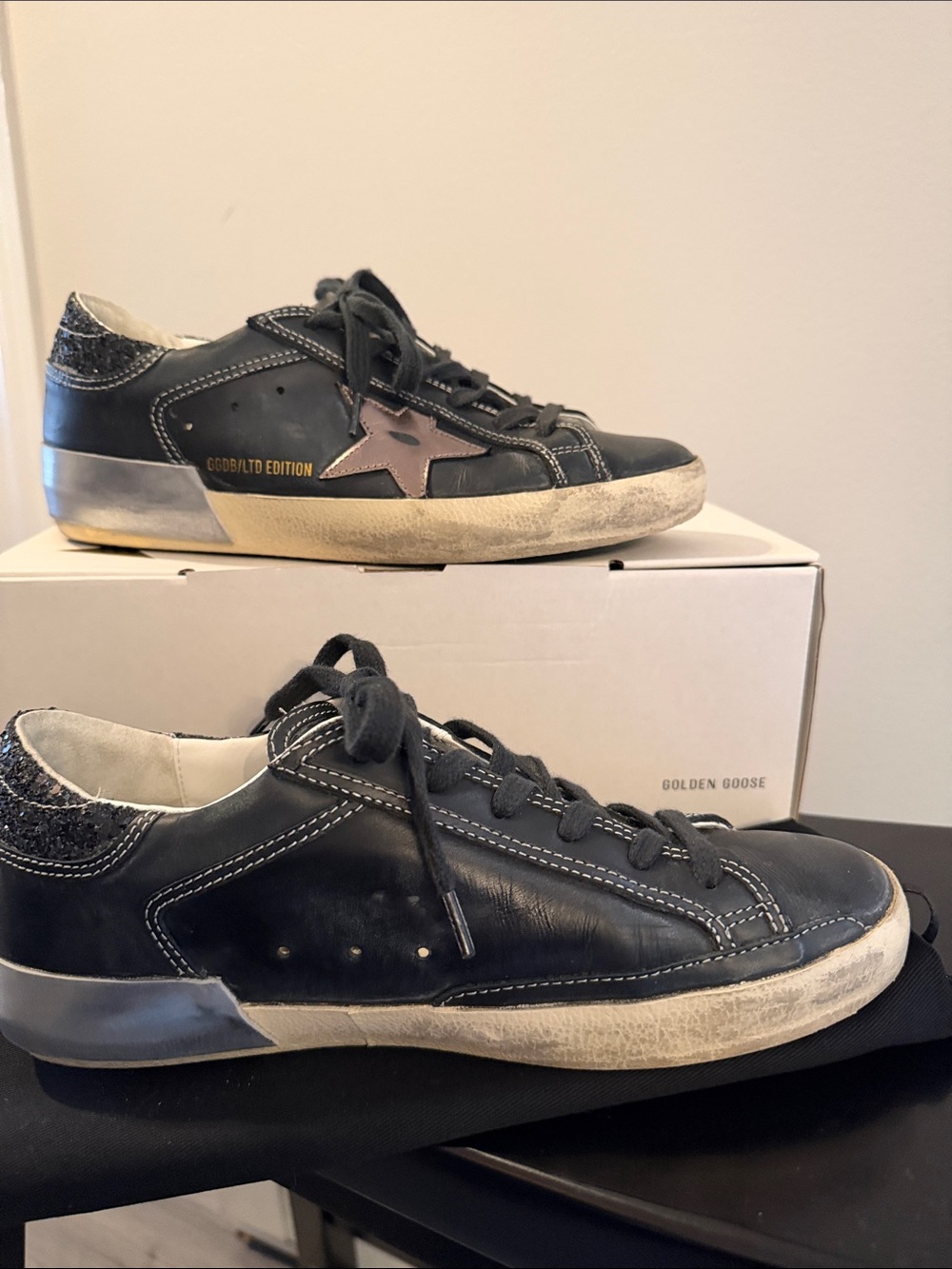 Golden Goose Black Leather Sneakers with Gold Star Accent and Glitter Heel - Picture 6 of 7